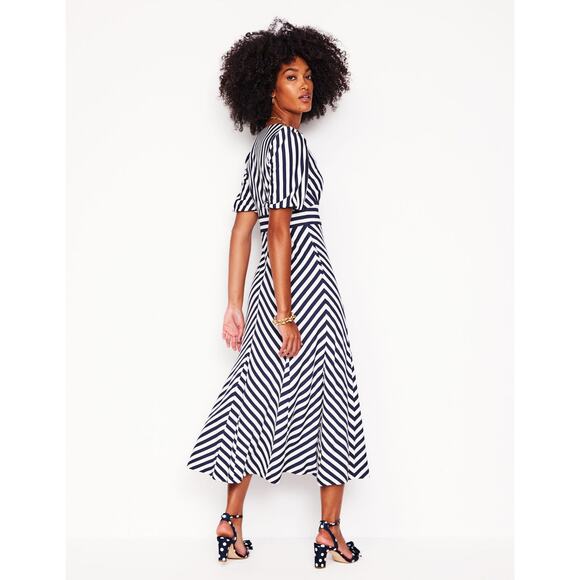 Boden Ponte Panelled French Navy Ivory Striped V-Neck Short Sleeve Tea Dress 20 - Picture 4 of 13
